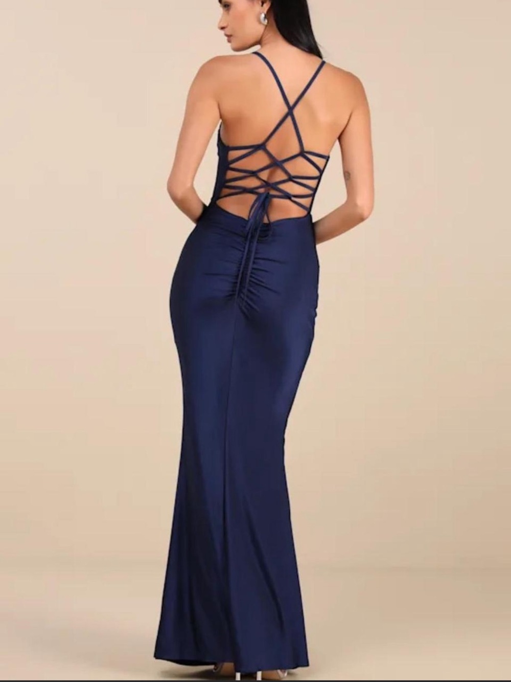 Lulu's Navy Strappy Lace-Up Back Evening Gown